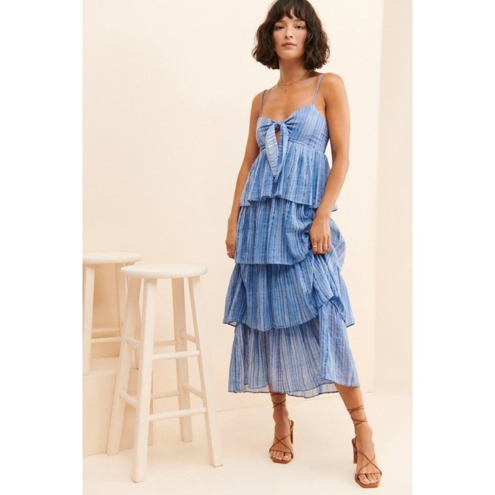 Saylor Anthropologie Jameela Tiered Midi Dress Striped Printed Smocked M 282088
